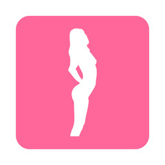Icono plano silueta chica desnuda de pie en cuadrado rosa