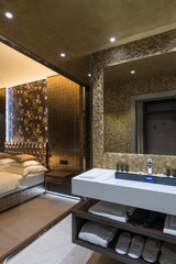 Interior design of hotel room, bedroom and bathroom