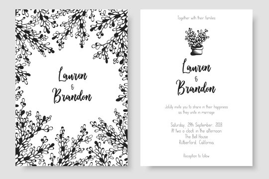 Graphic detailed cards with floral branches. Vector cards templates for save the date, wedding invites, greeting cards, postcards.