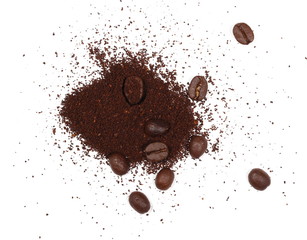 Pile of powdered, instant coffee grains and beans isolated on white background, top view