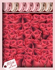 Gift box with red roses and macaroons. Vector realistic top view