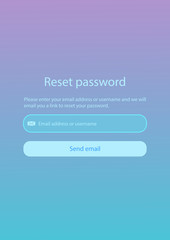 Reset password form page with gradient background . Website ui vector elements. 