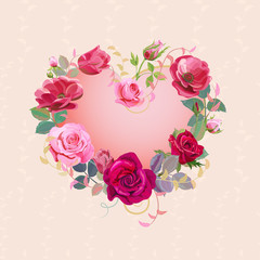 Heart of flowers. Valentine's Day card. Red, pink roses, purple anemones, green twigs, buds, leaves on vintage background. Digital draw, concept for design in watercolor style, vector