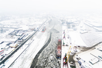 Fototapeta na wymiar Aerial: The port of Kaliningrad in the cold winter