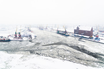 Aerial: The port of Kaliningrad in the cold winter