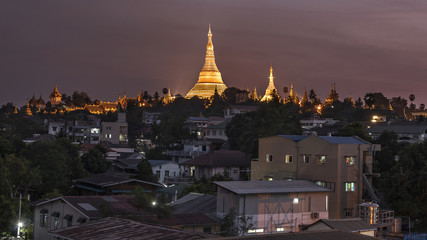 Golden Shwedagon pagoda downtown view at sunset, Yangon, Myanmar