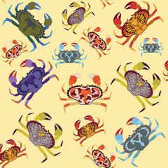 multi-colored colorful different kinds of crab on sand bright pattern