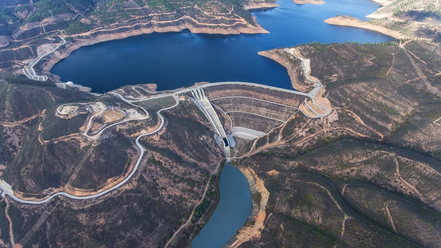 Aerial. Reservoir in the mountains of Monchique Odelouca.