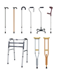 Canes, crutches and walkers. Set of special auxiliary means of transportation for people with locomotive apparatus diseases. Realistic objects on white background. Vector illustration.