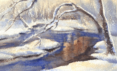 winter landscape with a river watercolor
