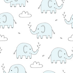 Cute seamless pattern with funny elephant. vector illustration