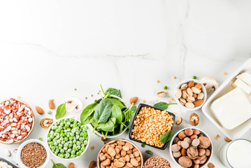 Healthy diet vegan food, veggie protein sources: Tofu, vegan milk, beans, lentils, nuts, soy milk, spinach and seeds. Top view on white table.