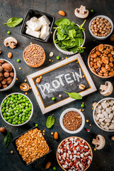 Healthy diet vegan food, veggie protein sources: Tofu, vegan milk, beans, lentils, nuts, soy milk, spinach and seeds. Top view on white table.