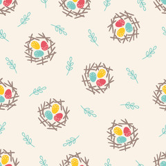 Easter seamless pattern with egg nest and branches