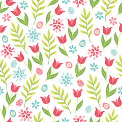 Easter seamless pattern with tulips, branch, eggs, leaves and flowers