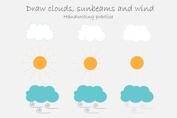 Handwriting practice sheet, draw clouds, sunbeams and wind, kids preschool activity, educational children game, printable worksheet, writing training, vector illustration