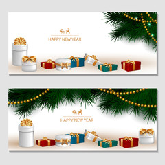 Horizontal design background with white gift boxes and a gold bow with tree branches and balls. Template Invitation For Happy  New Year, Merry Christmas. For a banner, postcards. flyer. Vector