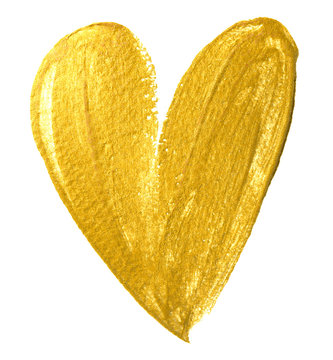 Valentine heart gold paint brush on white background. Golden watercolor painting of heart shape for love concept design. Valentine's day card heart template