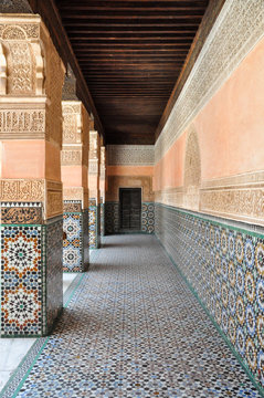 A beautifully decorated, covered corridor in Marrakech, Morocco