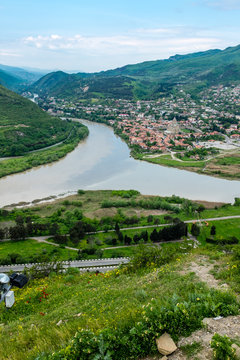 View from Jvari Monastery, Mtskheta, Georgia, Eastern Europe overlooking estuaries of Mtkvari and Aragvi Rivers.