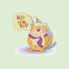 Caring cat with a question How are you!. Sticker, emblem, banner, poster with greeting. Design for mobile messaging, scrapbooking, for printing on clothes or dishes.