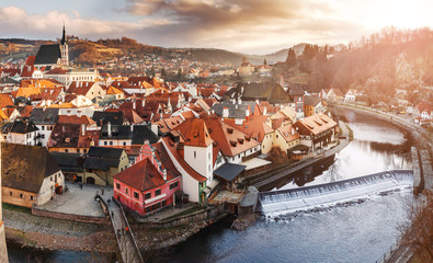 Fototapeta na wymiar Aerial view of Vltava river and Vitus Cathedral and houses in Cesky Krumlov town