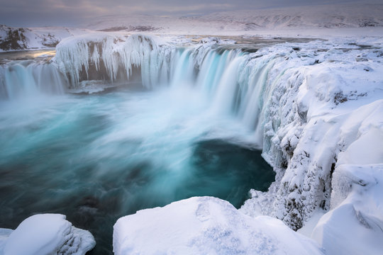 Godafoss Waterfall In Winter