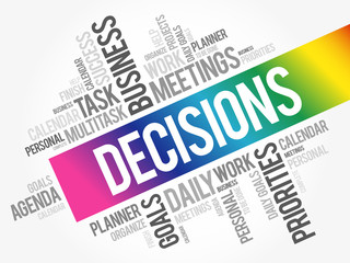 DECISIONS word cloud collage, business concept background