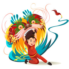 Chinese Lunar New Year Lion Dance Fight isolated on white background, happy dancer in china traditional costume holding colorful dragon mask on parade or carnival, cartoon style vector illustration