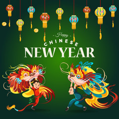 Chinese Lunar New Year Lion Dance Fight lattern on background, happy dancer in china traditional costume holding colorful dragon mask on parade or carnival, cartoon style vector illustration