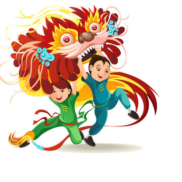 Chinese Lunar New Year Lion Dance Fight isolated on white background, happy dancer in china traditional costume holding colorful dragon mask on parade or carnival, cartoon style vector illustration
