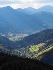 Fototapeta na wymiar Carpatian mountains village at green forest