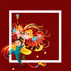 Chinese Lunar New Year Lion Dance Fight isolated on red background, happy dancer in china traditional costume holding colorful dragon mask on parade or carnival, cartoon style vector illustration