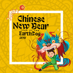Chinese Lunar New Year Lion Dance Fight isolated on yellow background, happy dancer in china traditional costume holding colorful dragon mask on parade or carnival, cartoon style vector illustration