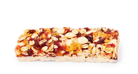 Healthy granola bar (muesli or cereal bar) isolated on white background