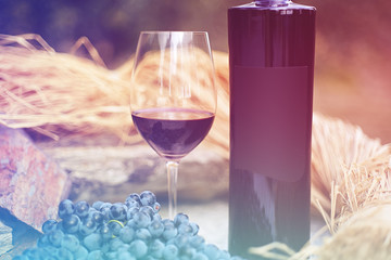 glass of wine with bottle surrounded by grapes on stone table from douro region