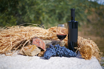 Glass bottle and glass of red wine on stone table with bunch of grapes on the vineyard background