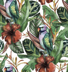 Seamless watercolor pattern with hibiscus, palm leaves, branch of strelitzia, calathea, parrot.Tropic background - obrazy, fototapety, plakaty