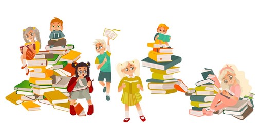 Set of kids, boys, girls, reading, standing and sitting on piles of books, flat cartoon vector illustration isolated on white background. Set of kids sitting on piles of books, reading with interest