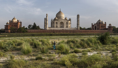 Fototapeta na wymiar Iconic view of Taj Mahal one of the World Wonders, Agra, India