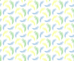 Brazil Carnival seamless pattern with feathers blue, yellow, green color. Repeating texture. Peacock feather endless background. Vector illustration