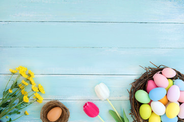 Colorful Easter eggs in nest with flowers on blue wooden background.  Easter holiday in spring...
