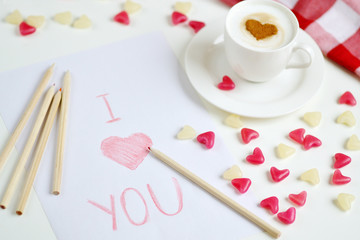 Cappuccino with heart pattern of cinnamon, Valentines Day