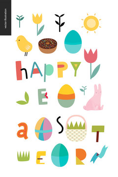 Happy easter lettering surrounded with traditional elements - eggs chicken rabbit, basket, tulip, grass, house, ribbon, cake and sun