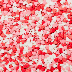 Valentine's Day composition. Flat lay, top view of red, pink and white hearts pattern. Love concept.