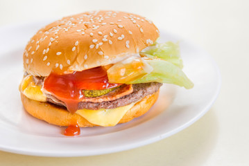 Hamburger with fresh vegetables delicious fast food meal.
