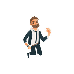 Young man in office, corporate clothing jumping smiling. Successful besinessman in tuxedo necktie, wearing wathes, beard dancing. Vector cartoon isolated illustration on a white background.
