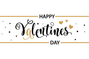 Happy Valentines Day card. Beautiful greeting typography poster handwritten calligraphy inscription black text word, gold frame heart. Design modern lettering brush, isolated white background vector