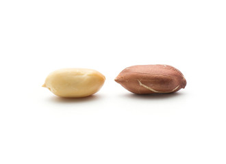 Two peanuts one raw without husk isolated on white background compare.