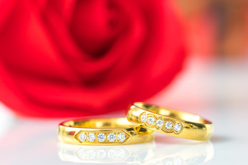 Close up Red roses and gold rings on white